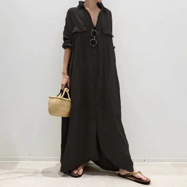 Women's New Solid Color Cardigan Long Shirt Dress Black - Shop at LoveMi