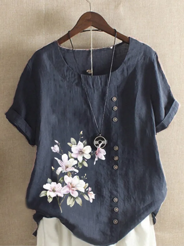 Women's Retro Cotton And Linen Print Loose Casual Shirt Short Sleeve Dark Blue - Shop at LoveMi