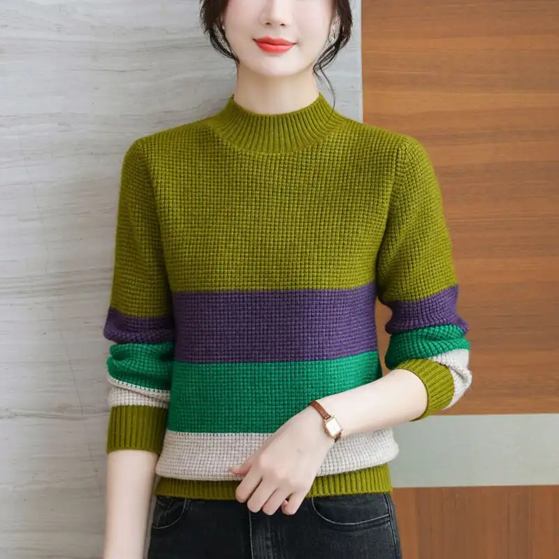 Women's Half Turtleneck Mixed Color Stripe Sweater Pullover