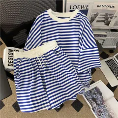 Plus-Size Preppy-Style Striped Casual Sportswear Set - Blue - View 1