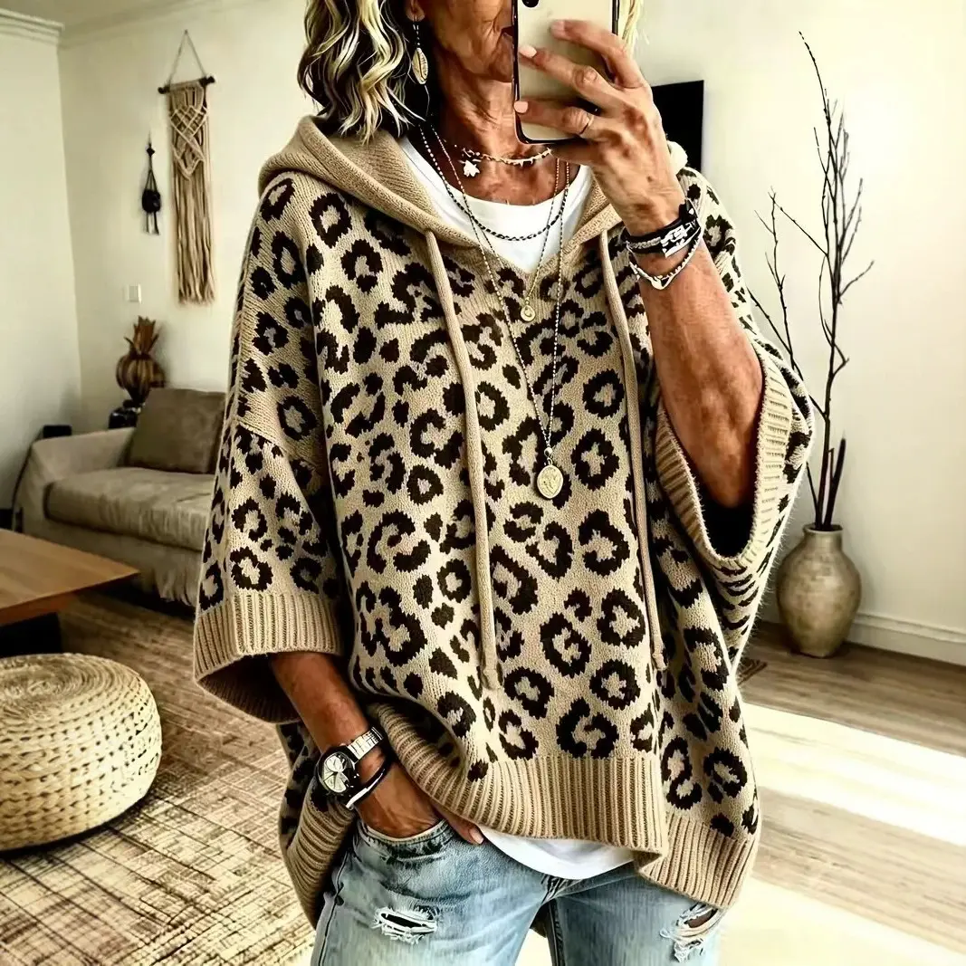Leopard-print Hooded Drawstring Knitted Pullover Sweater