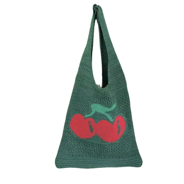 Large Capacity Totes Cherry Embroidered Handbag Knitted Hollow Green - Shop at LoveMi