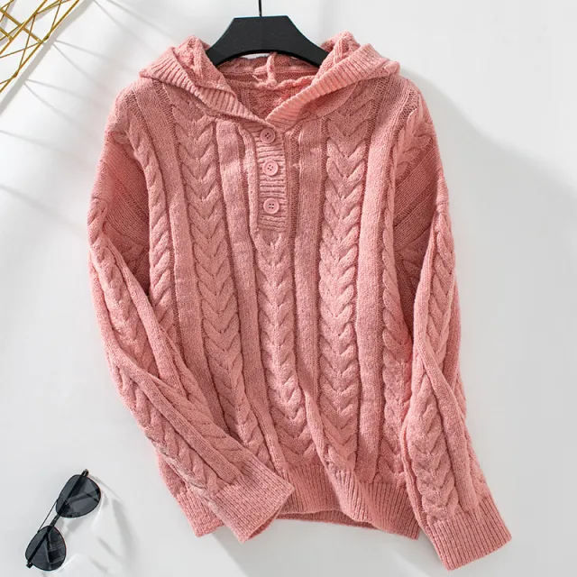 Hooded Pullover Women's Button Cable knit Sweater Pink - Shop at LoveMi