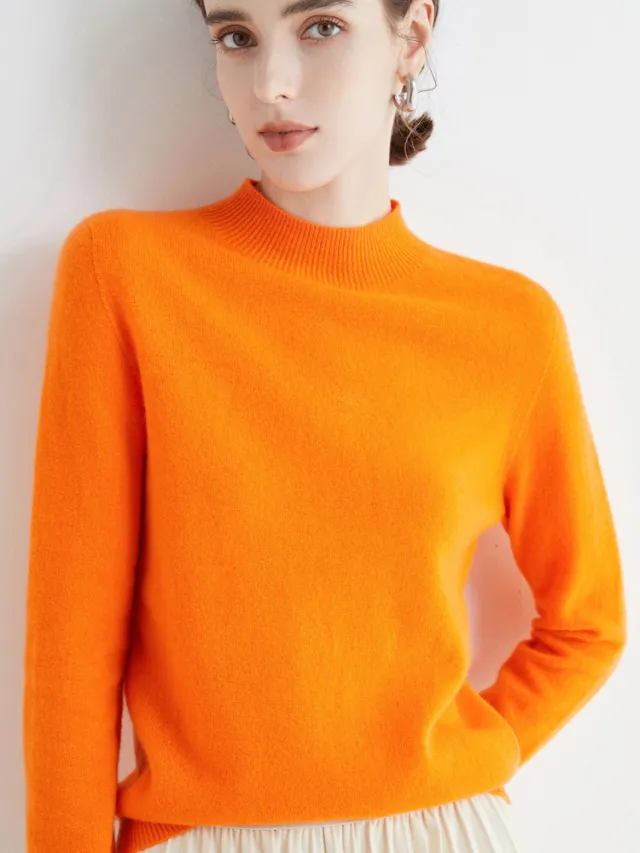 Half High Collar Pure Wool Women's Long Sleeved Knitted Base Sweater Emma Orange - Shop at LoveMi
