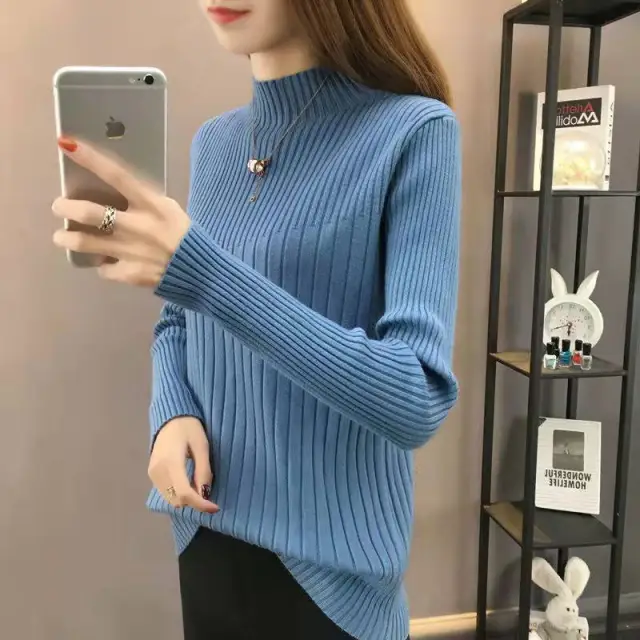 Half Turtleneck Slim Slimming Knitted Sweater Blue - Shop at LoveMi
