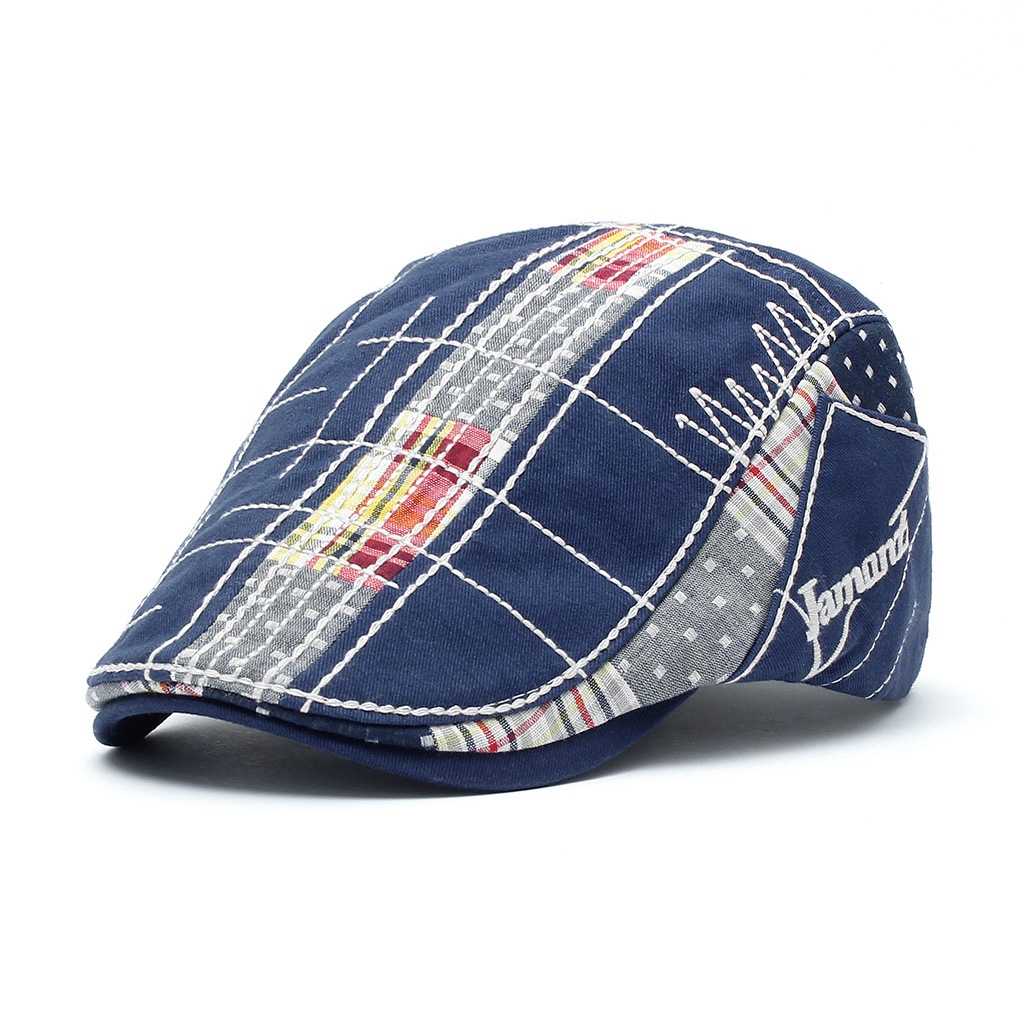 Casual Peaked Irregular Embroidery Beret Checked Cloth Stitching Casual Hat