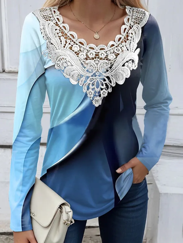 Women's Printed Long-sleeved T-shirt Patchwork Round Neck Top - 2 Style-S