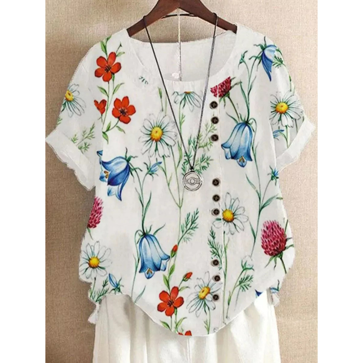 Title 7, Summer New 3d Printed Floral Button Short Sleeve