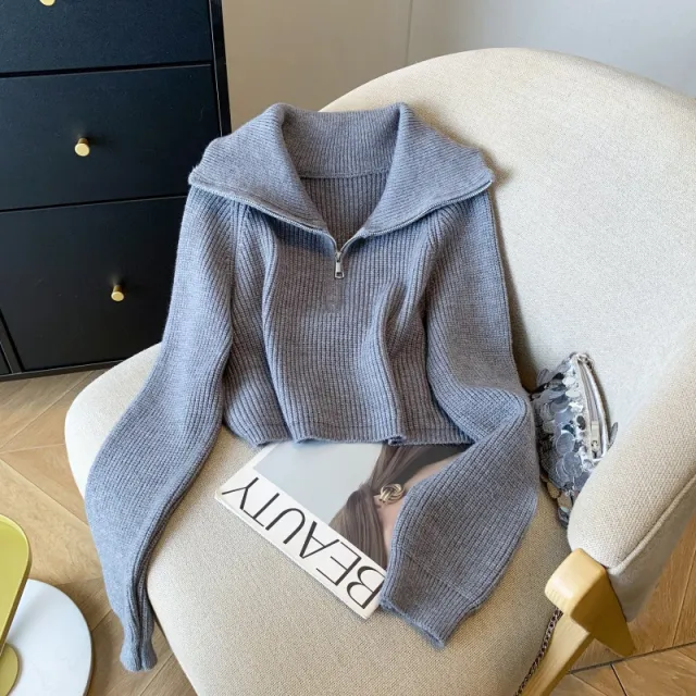 Women's Zipper Sweater Lapel Cropped Sweater Coat Gray - Shop at LoveMi