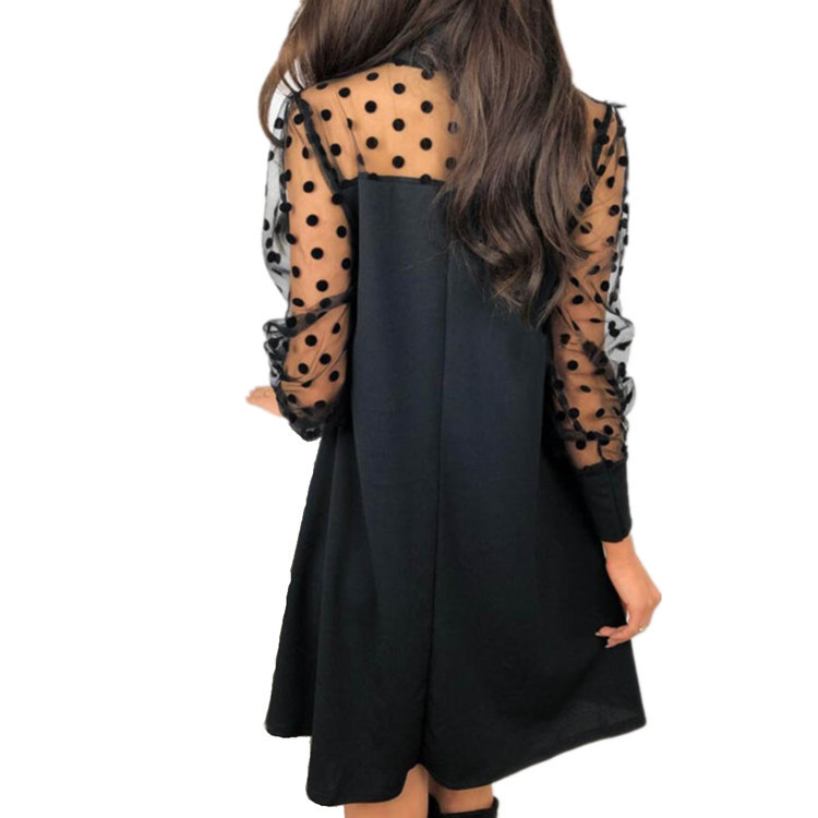 Lace-up Pullover Bow Pure Color Mesh Long Sleeve Dress