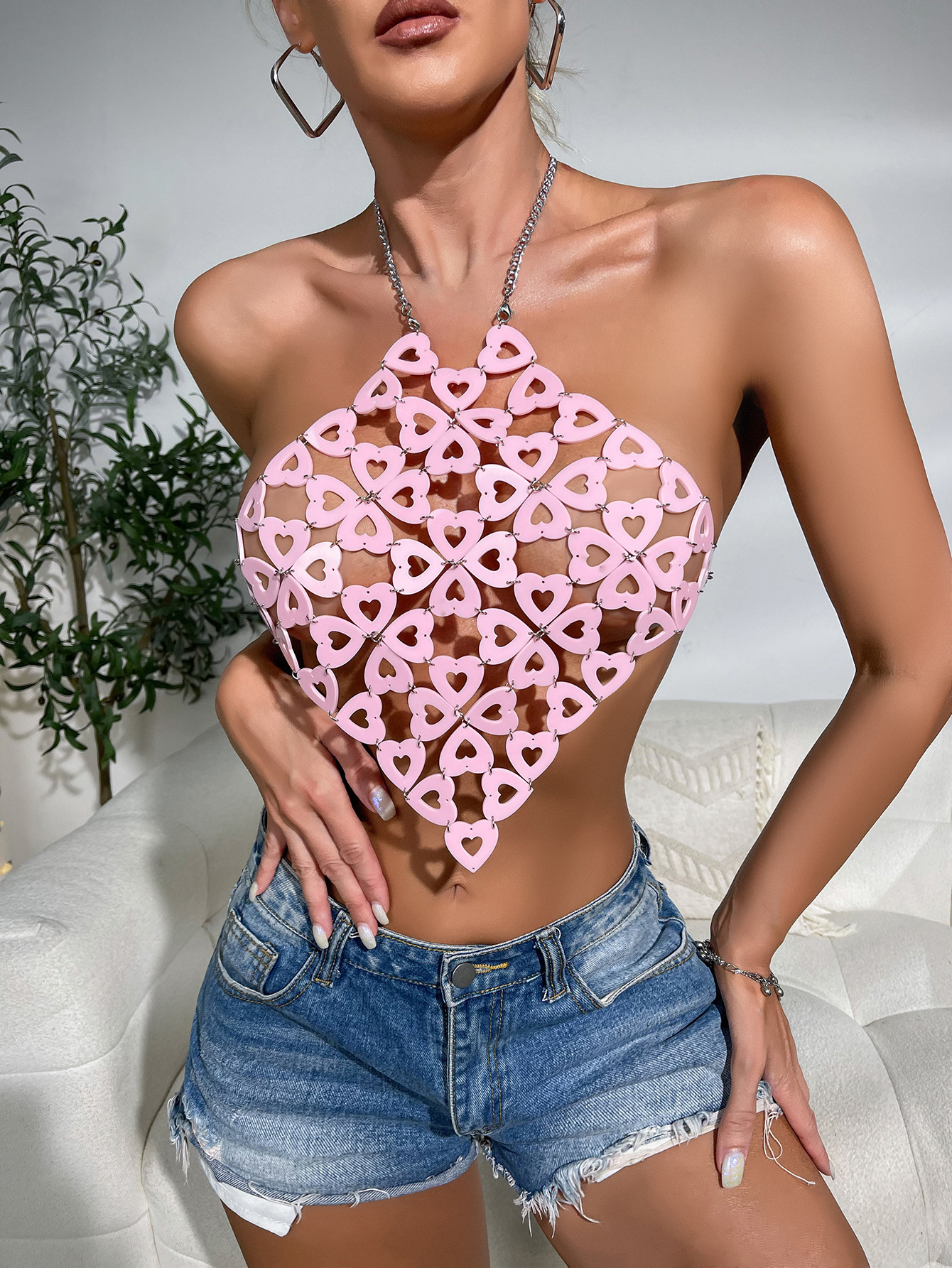 Heart Sequins Acrylic Metal Chain Stitching Halterneck Vest Women