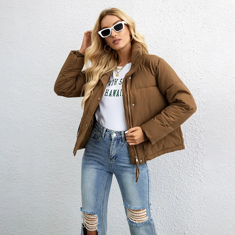 Women's Fashion Simple Loose Zipper Cotton Jacket - Coffee