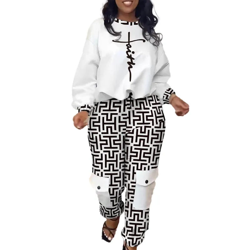 Women's Casual Printed Trousers Pullover Suit - White With Printed Pattern