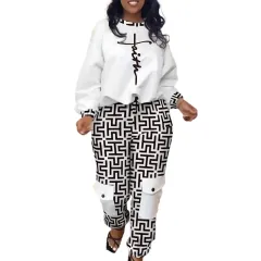 Women's Casual Printed Trousers Pullover Suit - White With Printed Pattern - View 1