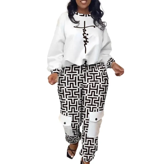 Women's Casual Printed Trousers Pullover Suit White With Printed Pattern - Shop at LoveMi