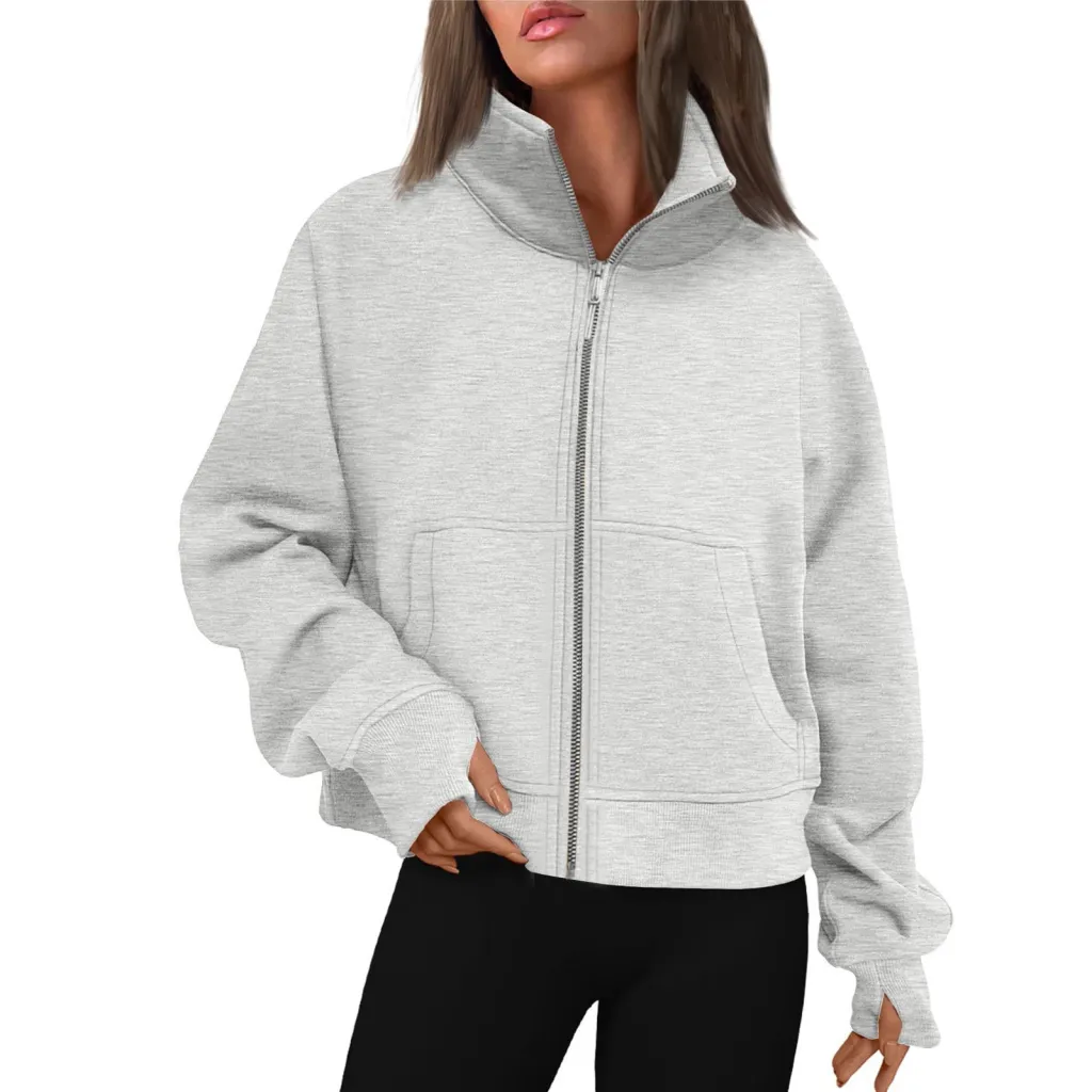 Long Zipper Short Stand Collar Thumb Hole Brushed Hoody - Tan
