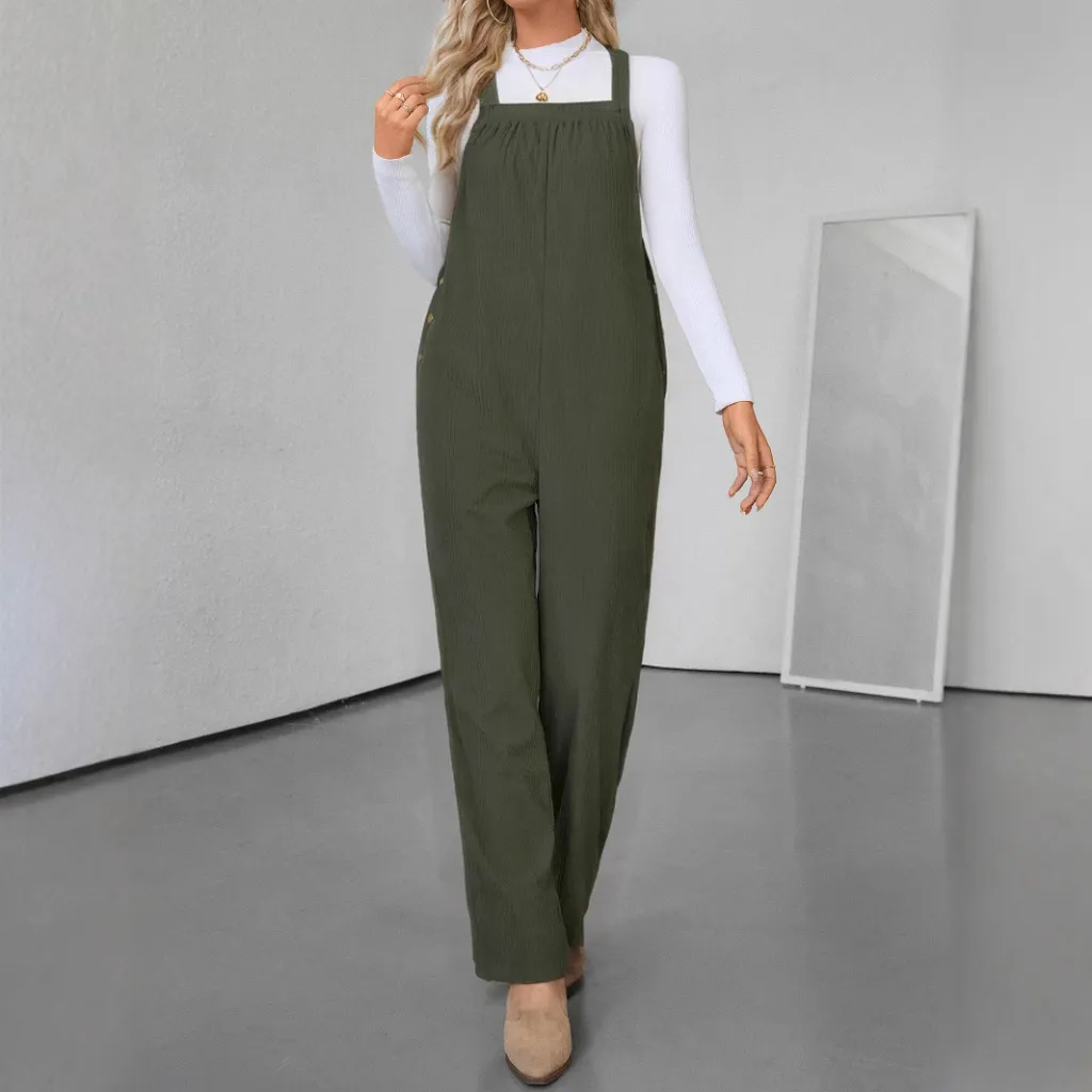 Shoulder Strap Adjustable Corduroy Overalls Special Jumpsuit Loose Bodysuit - Army Green