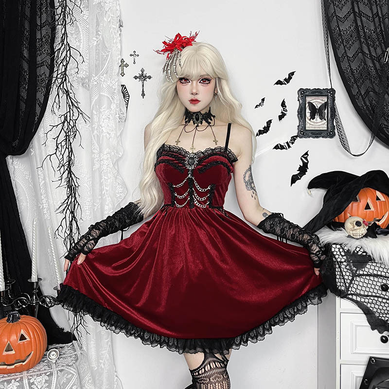 Title 5, Halloween Dark Chain Lace A- Line Dress Women