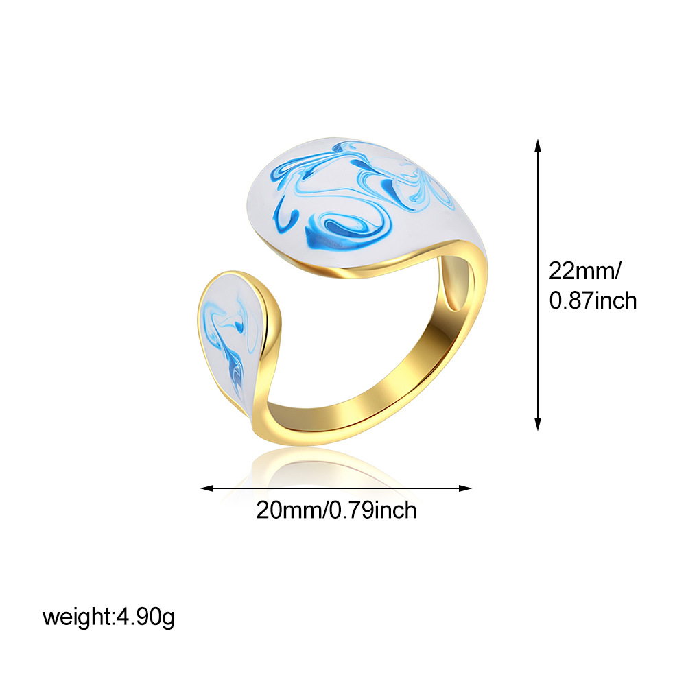 Vintage Enamel Oil-Blue And White Pattern Ring For Women