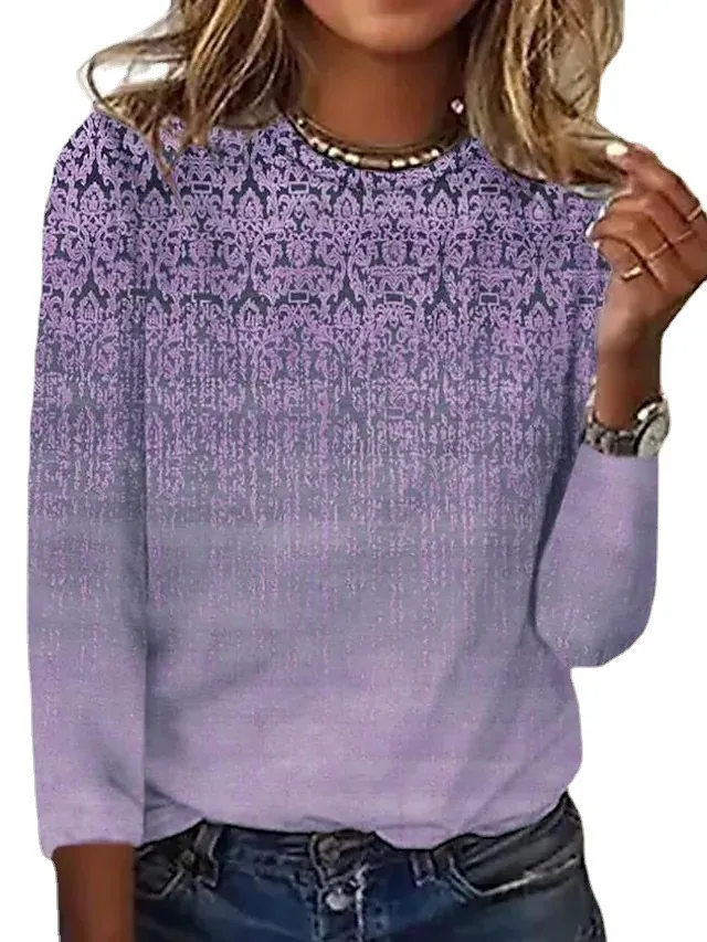 Women's Round Neck T shirt Casual Dotted Printed Long Sleeve Purple - Shop at LoveMi