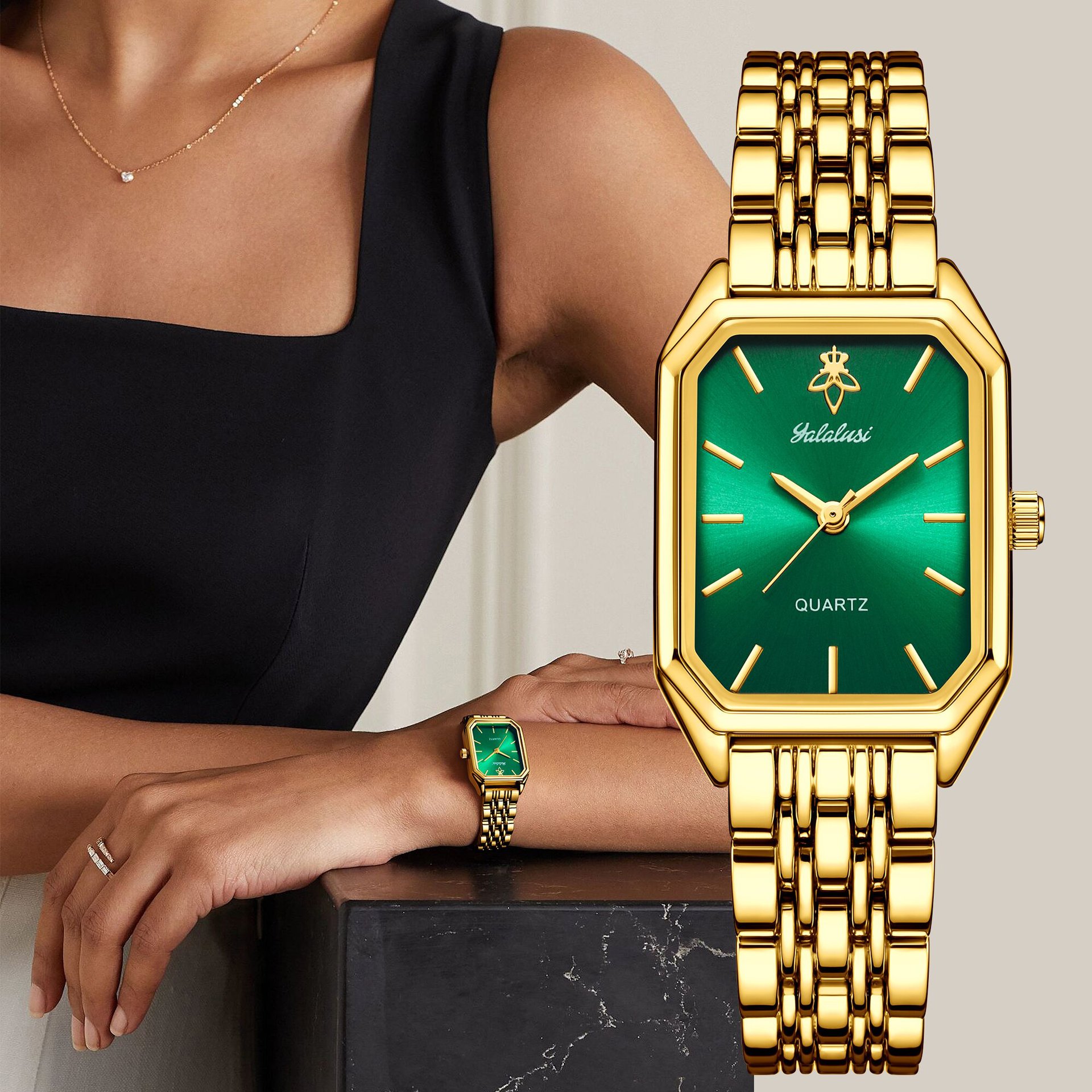 Gold-Plated Square Dial Women's Watch