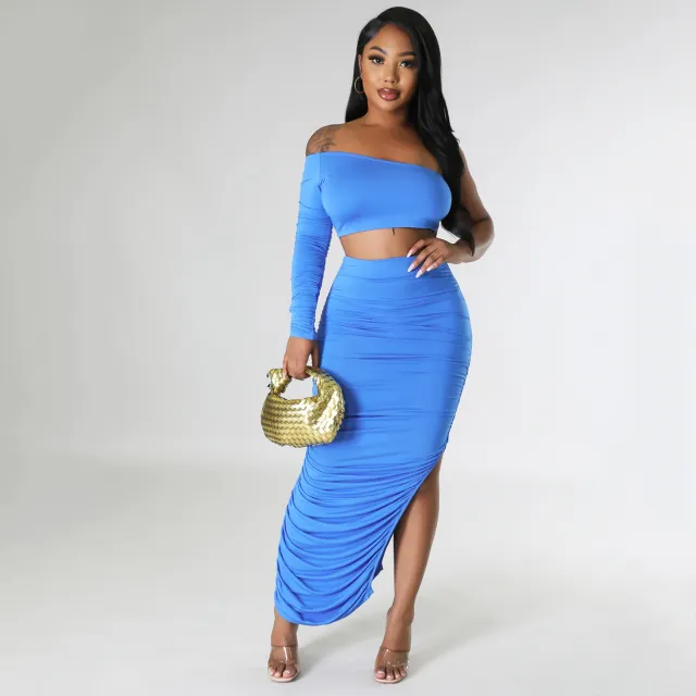 Tight Pleated Irregular Two piece Set Blue - Shop at LoveMi