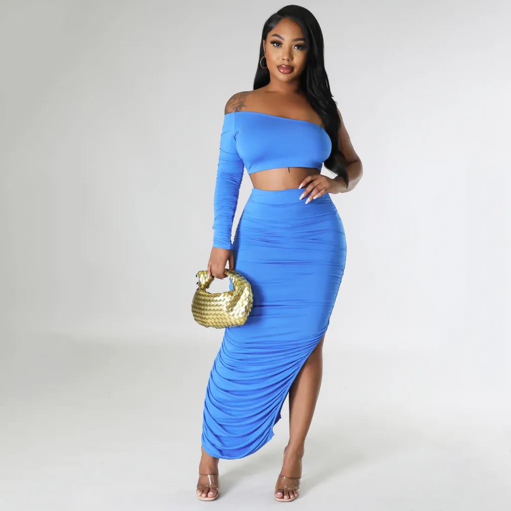 Tight Pleated Irregular Two-piece Set - Blue