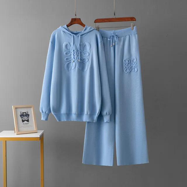 Niche Knitted Blue Embroidery Casual Two piece Suit Sky Blue - Shop at LoveMi