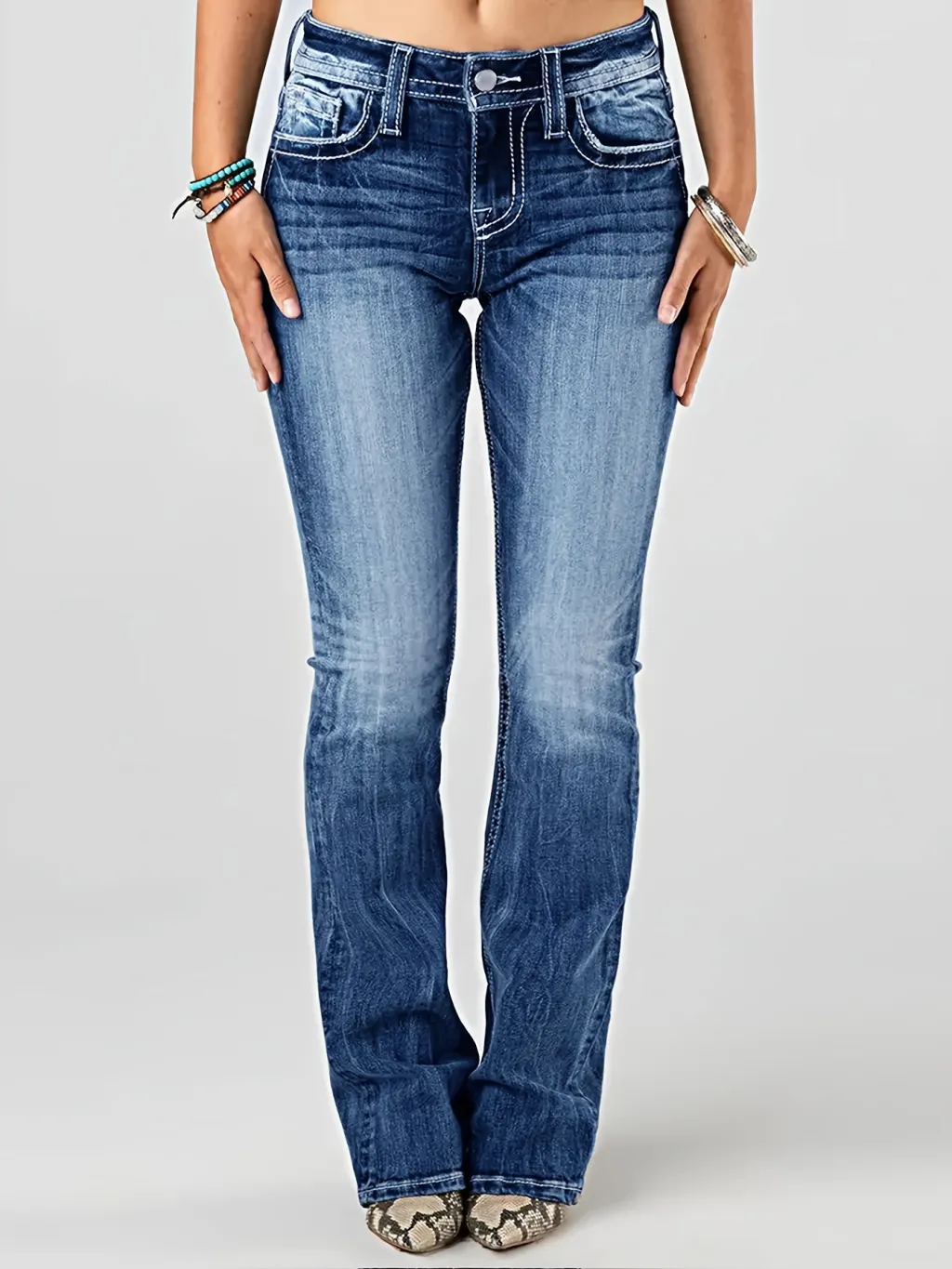 European And American Ladies Heavy Industry Washing Stretch Denim Trousers - Navy