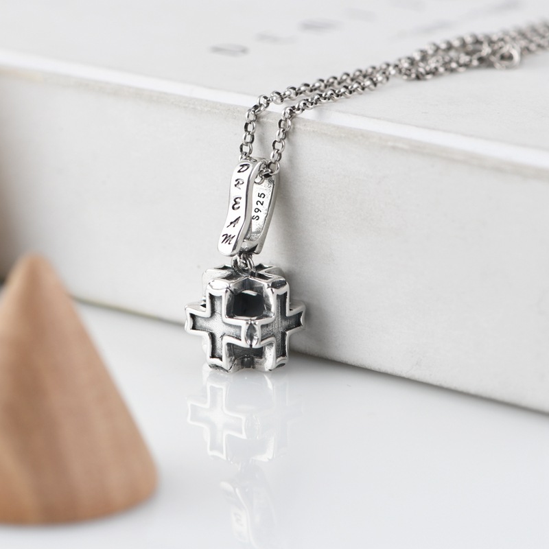 Retro Distressed Niello Jewelry Cross Square Pendant