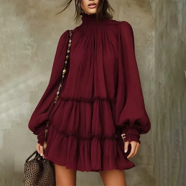 Elegant Relaxed fit Long sleeve Turtleneck Dress Red - Shop at LoveMi