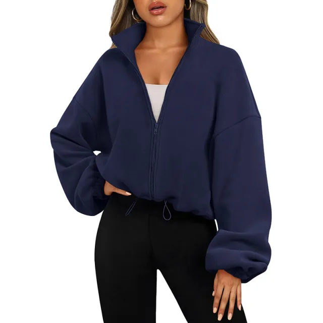 Women's Solid Color With Fur Sports Zipper Coat Navy - Shop at LoveMi