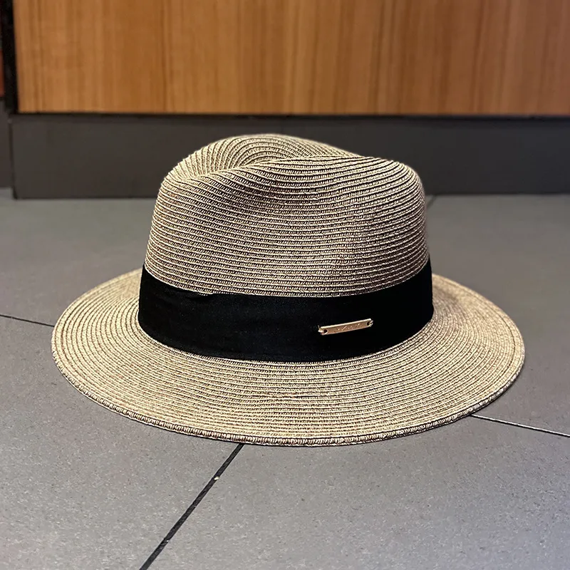 Fashion Personality Panama Straw Hat Unisex - Coffee Brown Black Belt