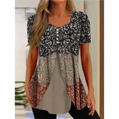 Women's Floral Print Round Neck False Two Pieces Button Short Sleeve T-shirt - 05Style - View 1