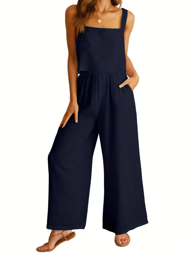 Square Collar Sleeveless Camisole Wide Leg Pants Leisure Suit Dark Blue - Shop at LoveMi