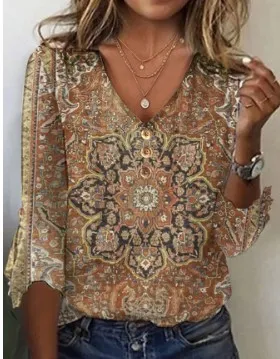 Women's Fall V neck Bell Sleeve Printed T shirt Top Khaki - Shop at LoveMi