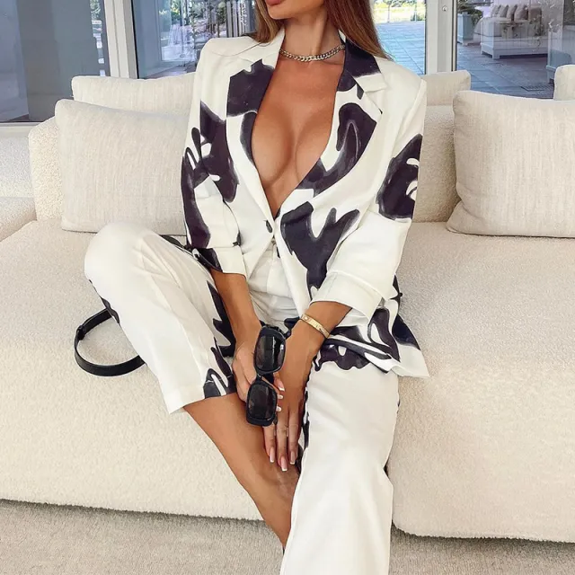 Professional Casual Elegant Business Suit Top Vintage Printed Suit Black - Shop at LoveMi