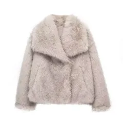 Winter Plush Coat Fashion Warm Thicken Fluffy Lapel Jacket Outwear Casual Long Sleeve Tops Womens Clothing - Greige-M - View 1