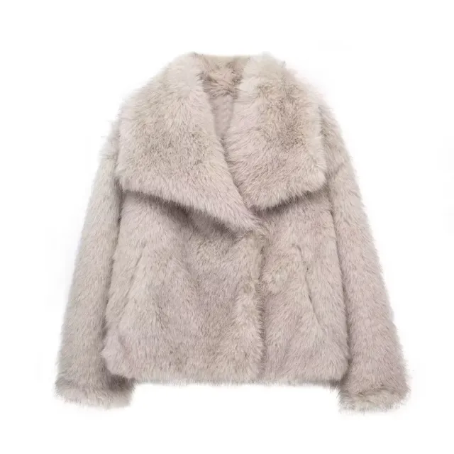 Winter Plush Coat Fashion Warm Thicken Fluffy Lapel Jacket Outwear Casual Long Sleeve Tops Womens Clothing Greige M - Shop at LoveMi