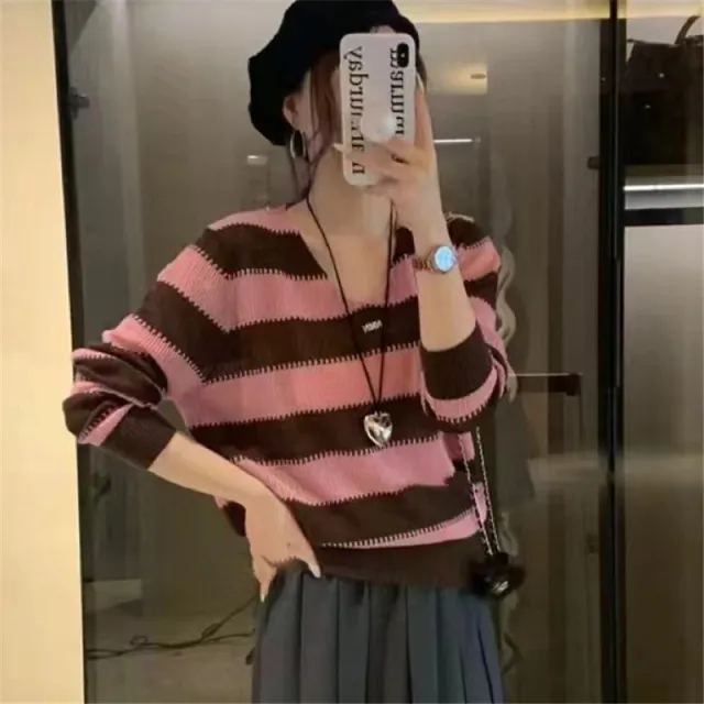 V neck Needle Autumn New Striped Color Matching Long Sleeve Sweater Inner Bottoming Shirt Women Pink - Shop at LoveMi
