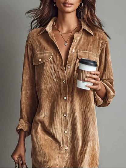 Corduroy Long Sleeve Lapel Shirt Loose Long Dress Koalakits36