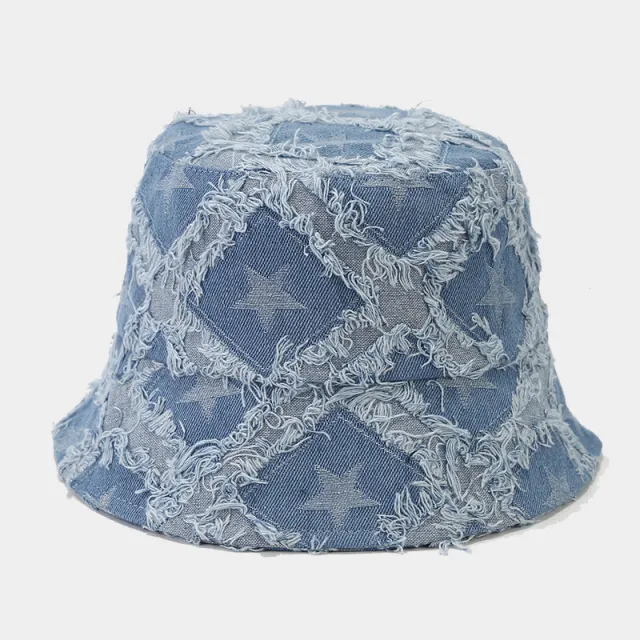 Autumn New Five pointed Star Raw Edge Denim Bucket Hat Light Blue - Shop at LoveMi