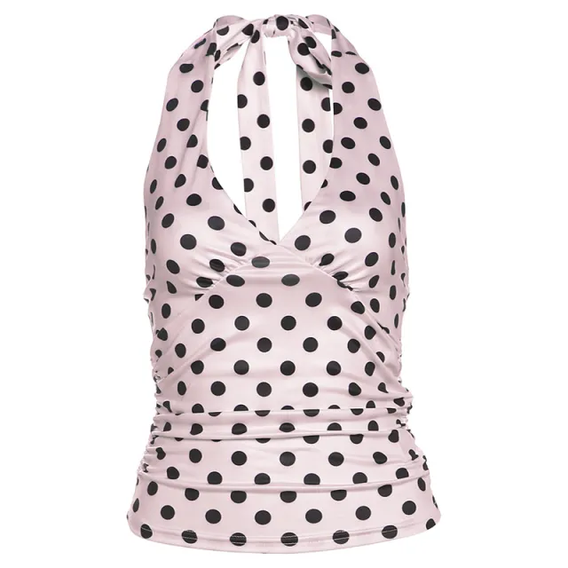 Sexy Black Polka Dot Printed All Match Backless V Neck Halter Neck Bodycon Tank Top Black - Shop at LoveMi