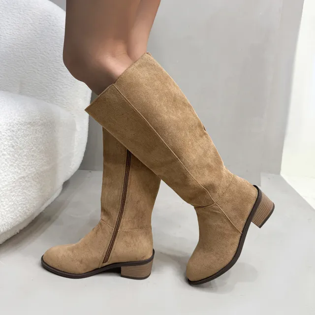 Chunky Heel Small Slim Suede Over The Knee Side Zipper Boots Khaki - Shop at LoveMi
