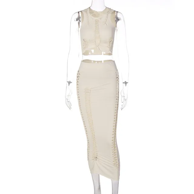 Solid color Hollow out Crew neck Vest And Figure hugging Skirt Set Apricot - Shop at LoveMi