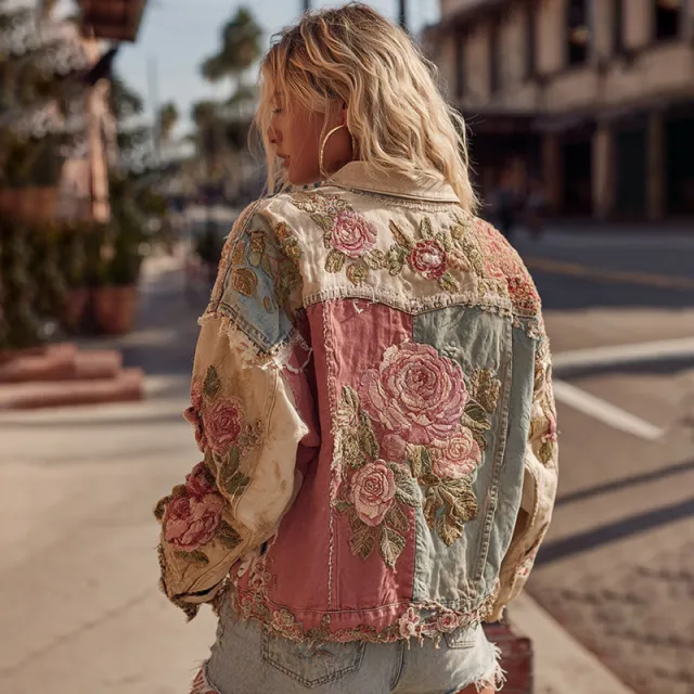 Women's Vintage Patchwork Print Turned Hem Denim Jacket Dz230559 Hwe Pink Blue - Shop at LoveMi