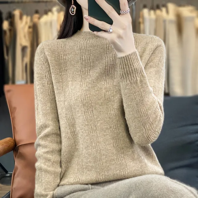 Autumn And Winter Stand Collar Vertical Stripes Wool Base Shirt Camel - Shop at LoveMi