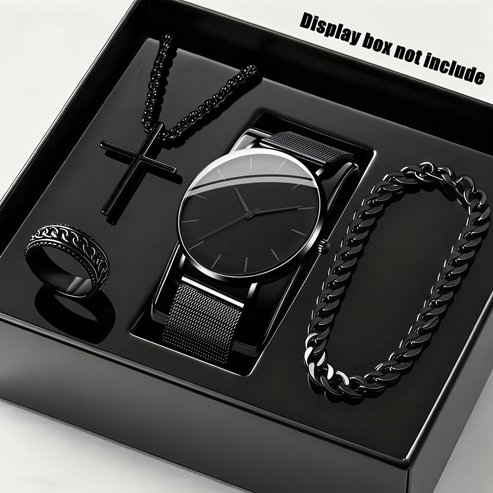 Men's Fashion Watch Ring Necklace Bracelet Set - Stainless Steel Jewelry Collection for Daily Wear 6