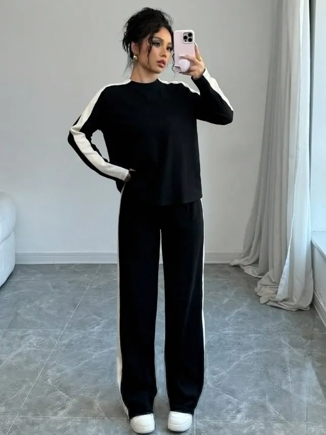 Trousers Suit European And American Autumn And Winter Women Color Contrast Patchwork Fashion Two piece Suit Black - Shop at LoveMi