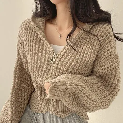 Hooded Cropped Sweater Coat Women's Design Thick Needle Lapel Loose Sweater Khaki - Shop at LoveMi